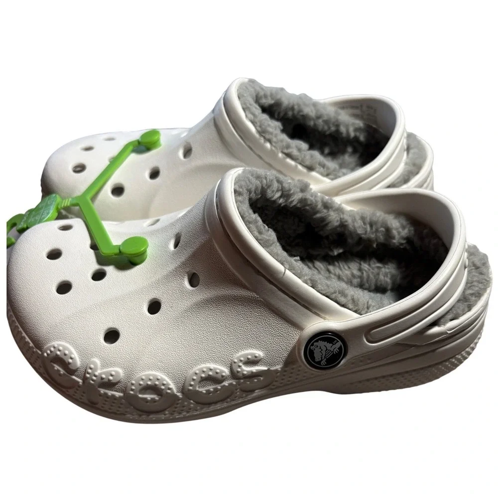 NWT Crocs Girls 13 Baya Lined Clog K White Grey Fuzzy Fleece Kids School Summer